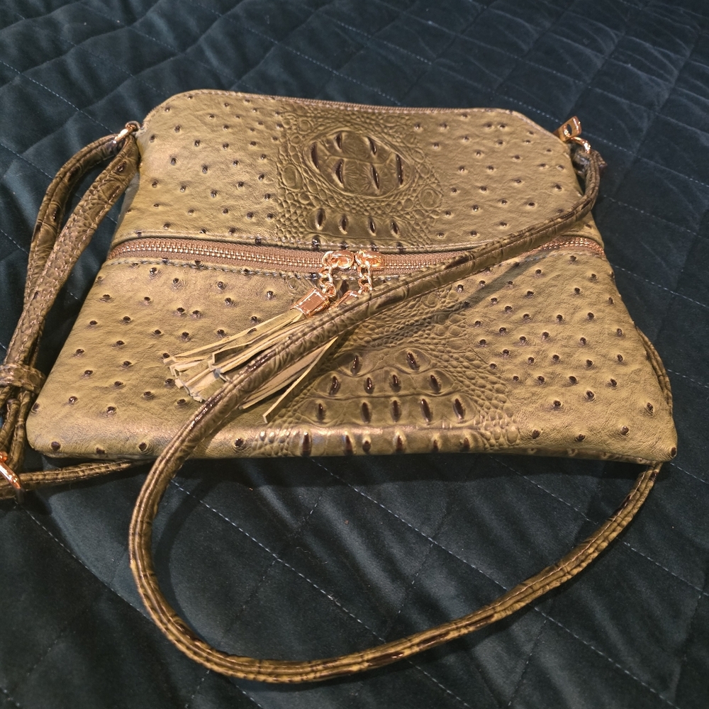 Gold Textured Crossbody Bag with Flap-Over Design
